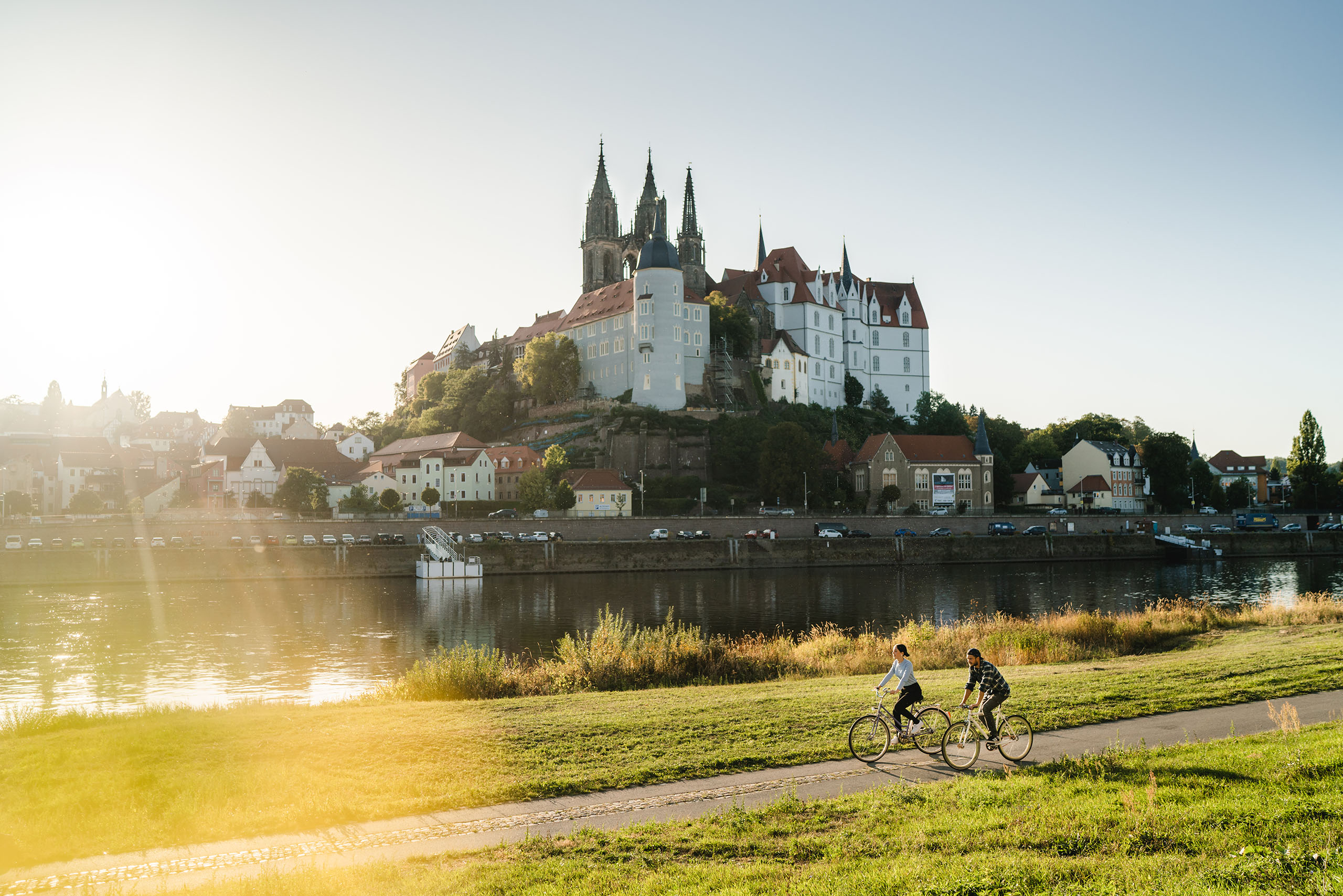 Fahrrad fahren in Meißen Radfahrer auf dem Elberadweg in Meißen, im Hintergrund die Albrechtsburg