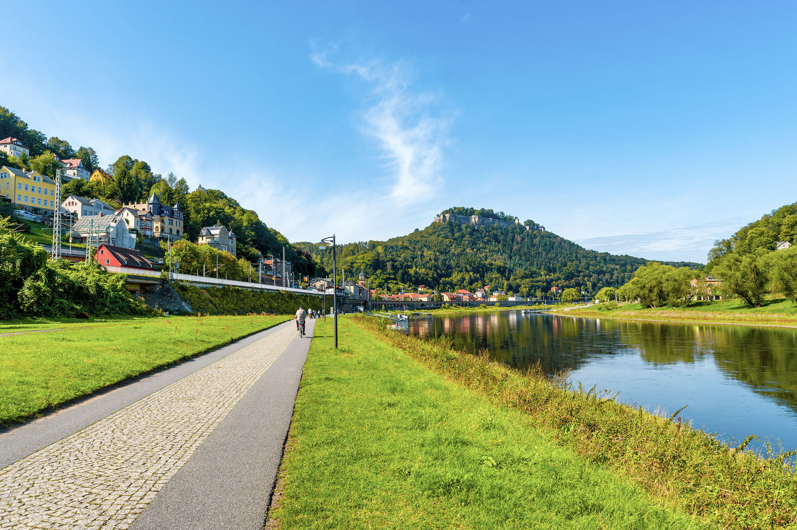 Festung Königstein Elberadweg Radfahrer auf dem Elberadweg in Königstein mit der Festung Königstein im Hintergrund